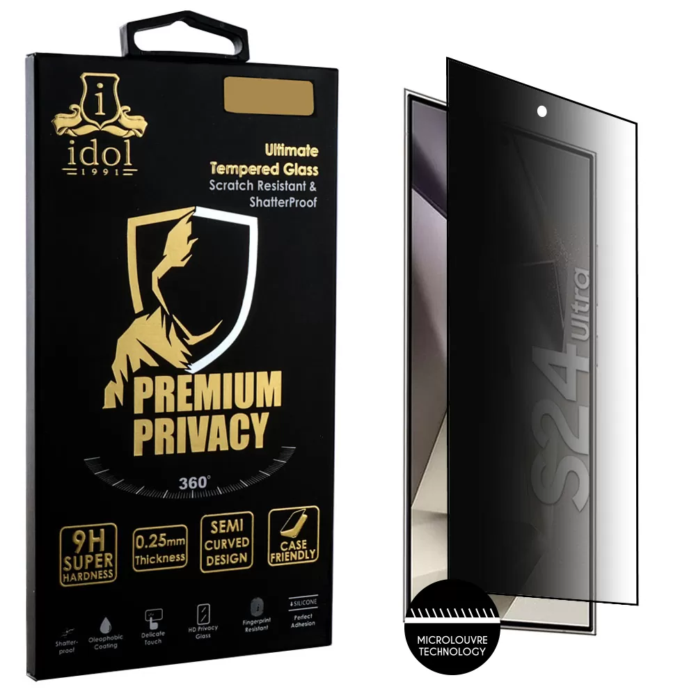 IDOL 1991 PREMIUM PRIVACY ANTISPY TEMPERED GLASS SAMSUNG S24 ULTRA 5G 6.8in 9H 0.25mm SEMI CURVED FULL GLUE BLACK