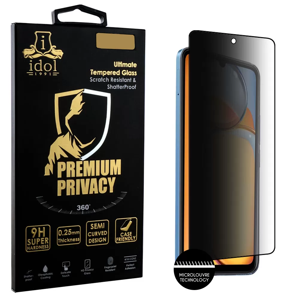 IDOL 1991 PREMIUM PRIVACY ANTISPY TEMPERED GLASS XIAOMI REDMI 13C 4G/5G 6.74in 9H 0.25mm SEMI CURVED FULL GLUE BLACK