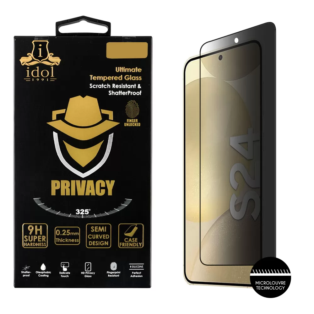 IDOL 1991 PRIVACY ANTISPY TEMPERED GLASS SAMSUNG S24 5G 6.2in 9H 0.25mm 3D SEMI CURVED EDGE GLUE FINGER UNLOCK BLACK