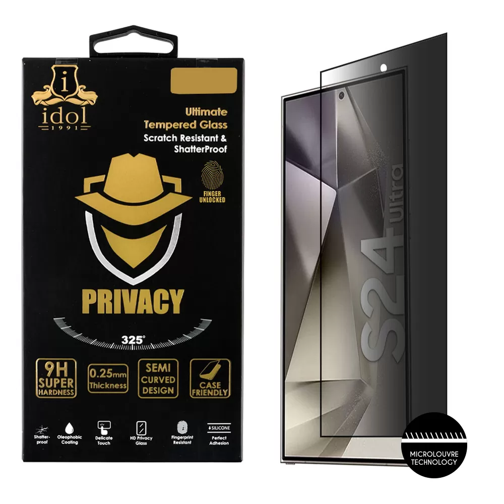 IDOL 1991 PRIVACY ANTISPY TEMPERED GLASS SAMSUNG S24 ULTRA 5G 6.8in 9H 0.25mm 3D SEMI CURVED EDGE GLUE FINGER UNLOCK BLACK
