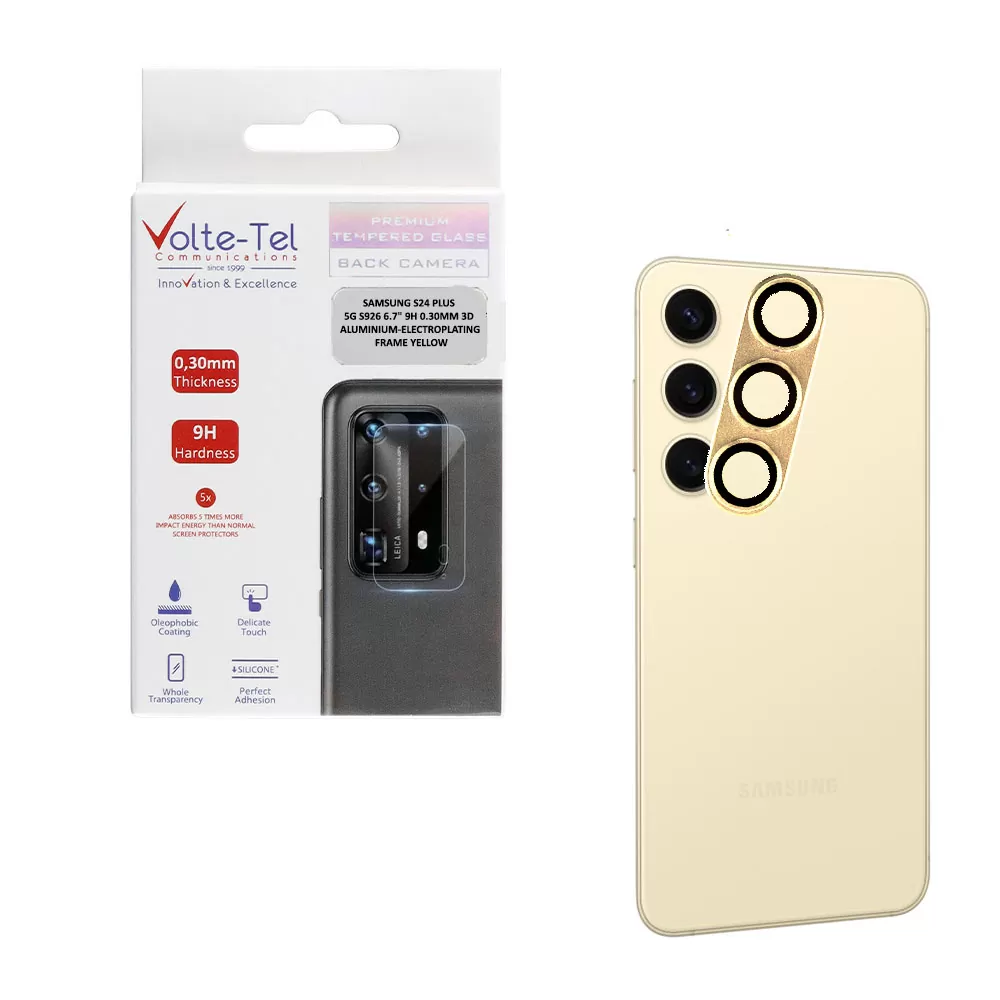 VOLTE-TEL CAMERA GLASS COVER SAMSUNG S24 PLUS 5G S926 6.7in 9H 0.30MM 3D ALUMINIUM-ELECTROPLATING FRAME YELLOW