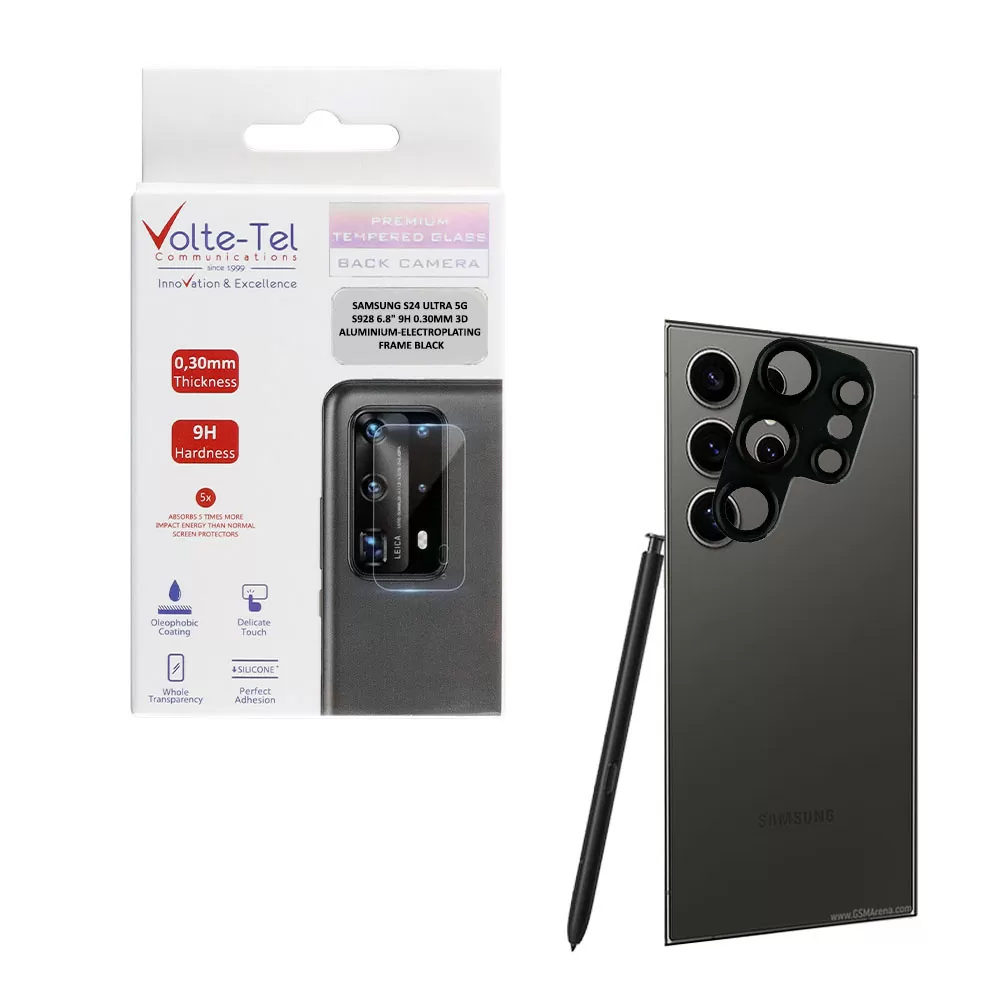 VOLTE-TEL CAMERA GLASS COVER SAMSUNG S24 ULTRA 5G S928 6.8in 9H 0.30MM 3D ALUMINIUM-ELECTROPLATING FRAME BLACK