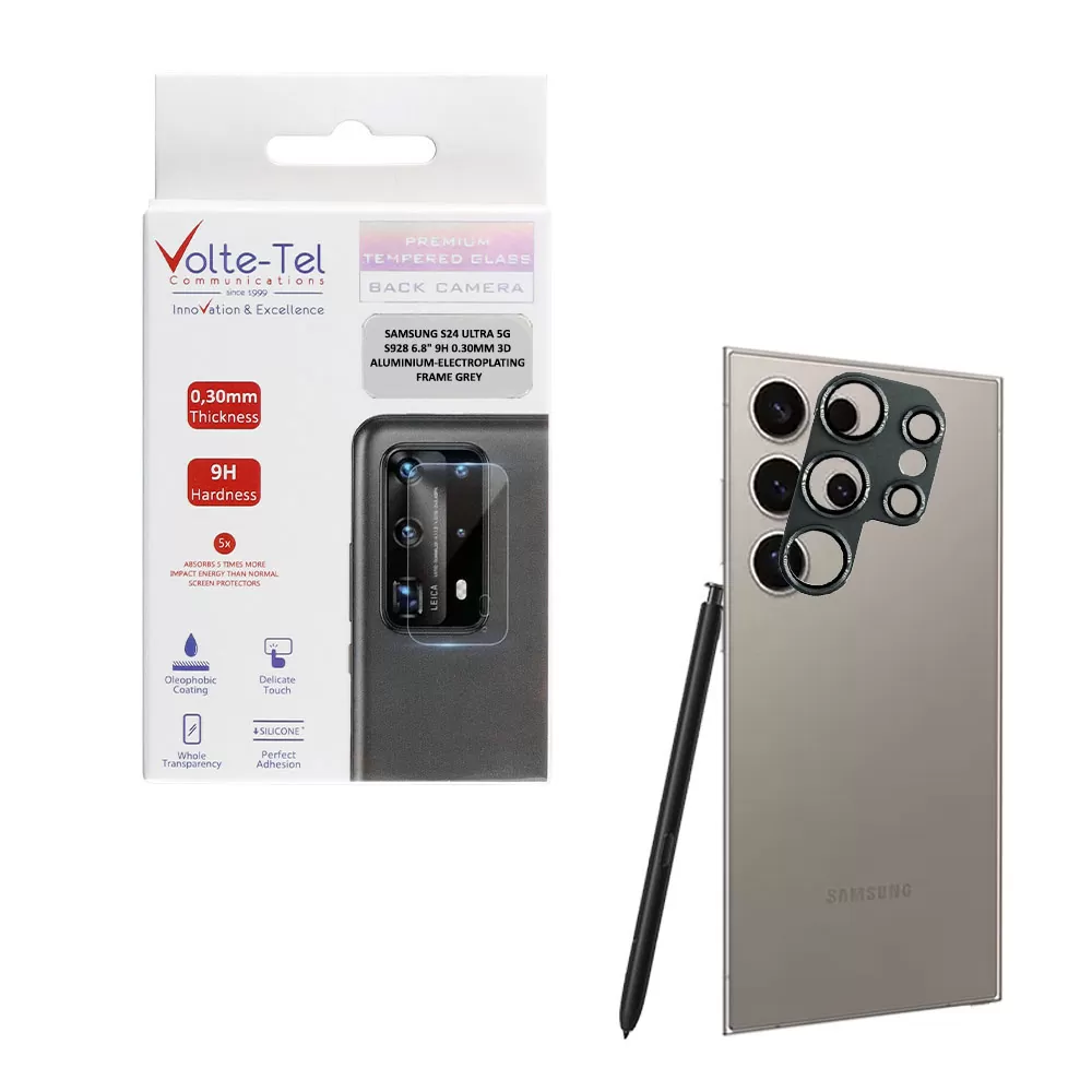 VOLTE-TEL CAMERA GLASS COVER SAMSUNG S24 ULTRA 5G S928 6.8in 9H 0.30MM 3D ALUMINIUM-ELECTROPLATING FRAME GREY