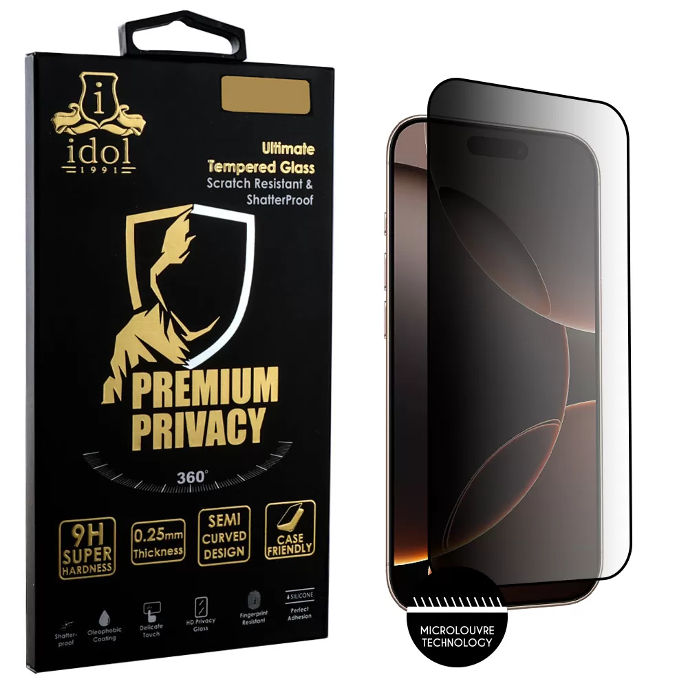 IDOL 1991 PREMIUM PRIVACY ANTISPY TEMPERED GLASS IPHONE 16 PRO 6.3in 9H 0.25mm SEMI CURVED FULL GLUE BLACK