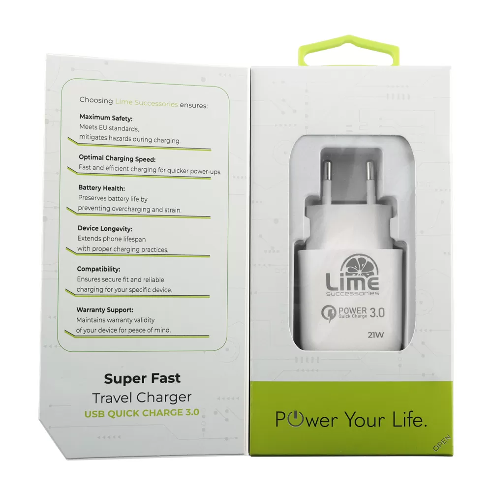 LIME USB-A 3.0 PD SUPER FAST TRAVEL QC 3.0 LTU22 4.0A 21W WHITE - Image 4