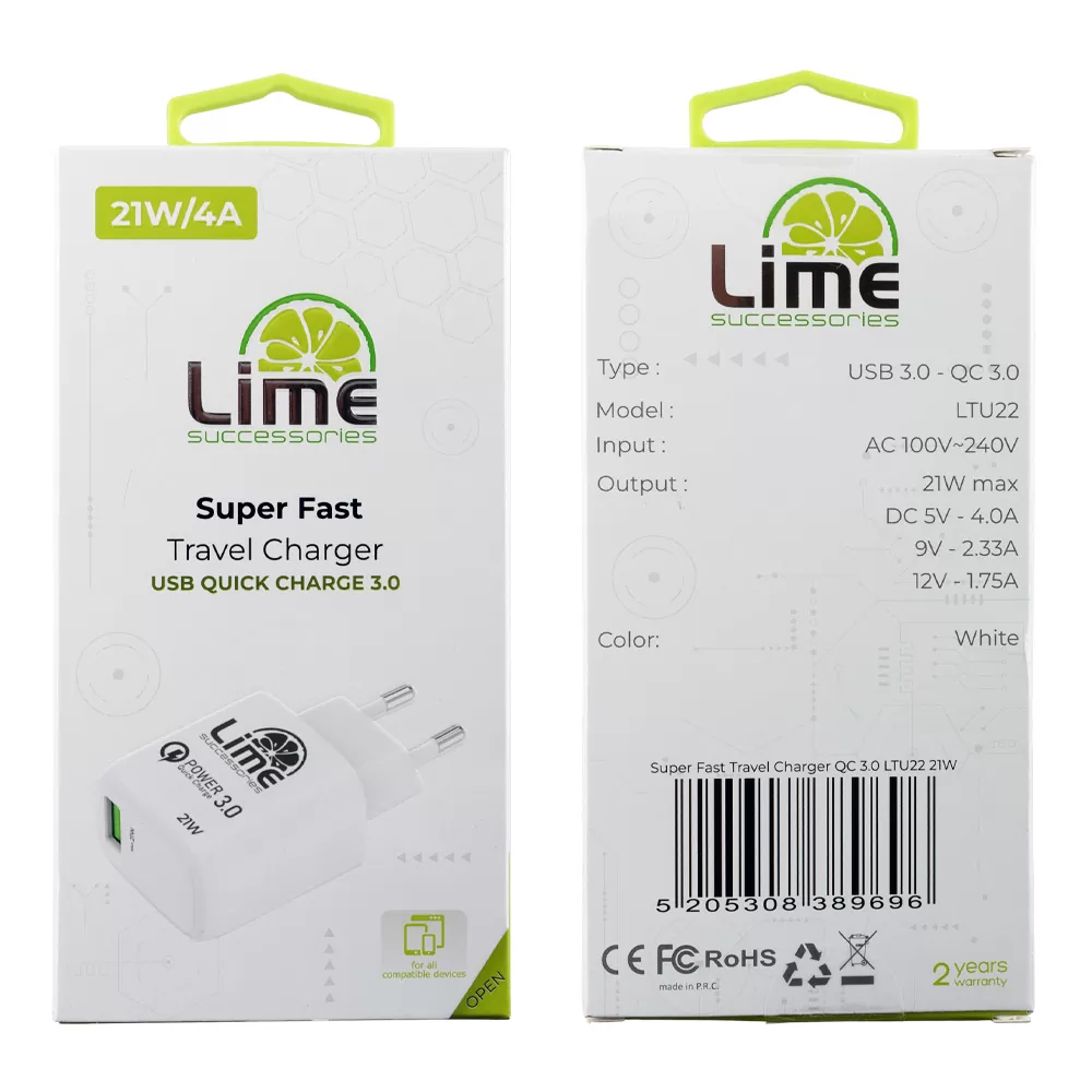 LIME USB-A 3.0 PD SUPER FAST TRAVEL QC 3.0 LTU22 4.0A 21W WHITE - Image 2