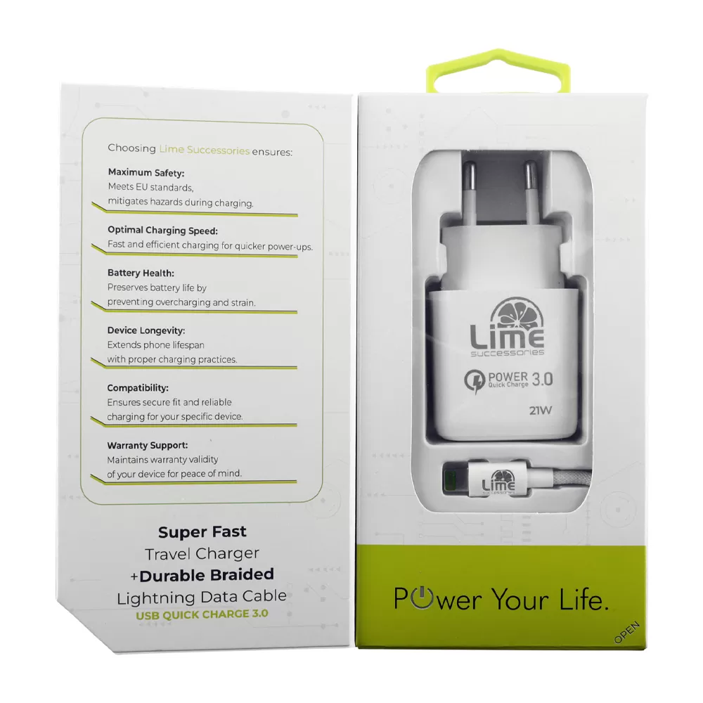 LIME USB-A 3.0 PD SUPER FAST TRAVEL QC 3.0 LTU22 4.0A 21W + BRAIDED ΚΑΛΩΔΙΟ ΦΟΡΤΙΣΗΣ-DATA 1m LBUL01 LIGHTNING WHITE - Image 4