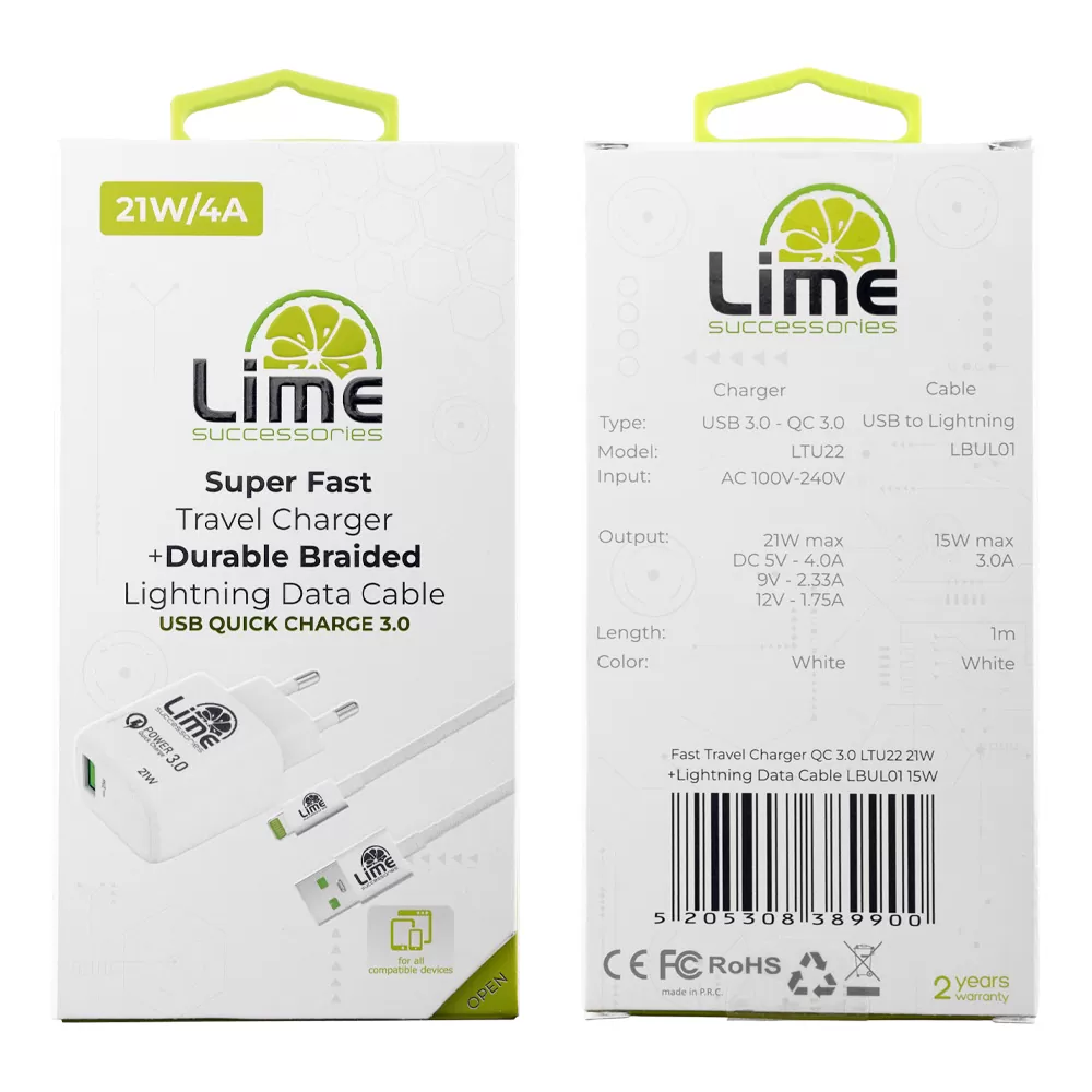 LIME USB-A 3.0 PD SUPER FAST TRAVEL QC 3.0 LTU22 4.0A 21W + BRAIDED ΚΑΛΩΔΙΟ ΦΟΡΤΙΣΗΣ-DATA 1m LBUL01 LIGHTNING WHITE - Image 2