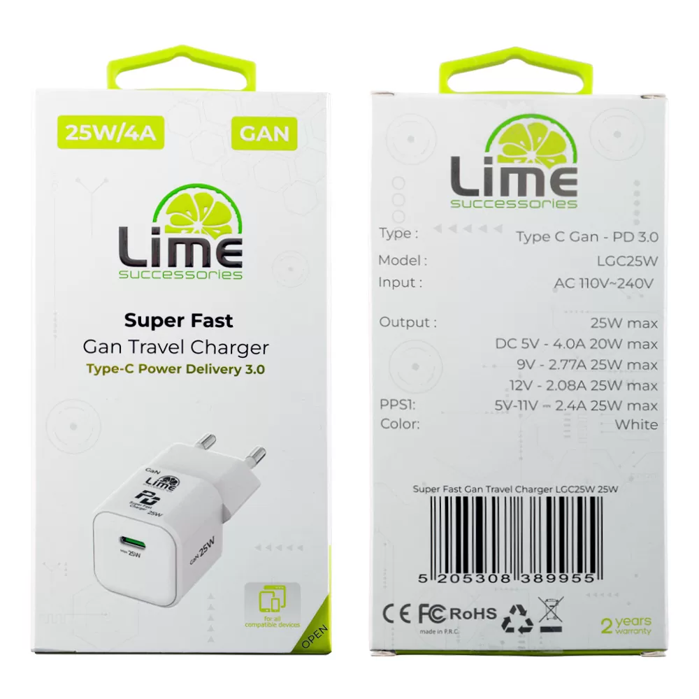LIME USB-C MINI GAN PD 3.0 SUPER FAST TRAVEL LGC25W 5V 4.0A/ 9V 2.77A/ 12V 2.08A 25W WHITE - Image 2