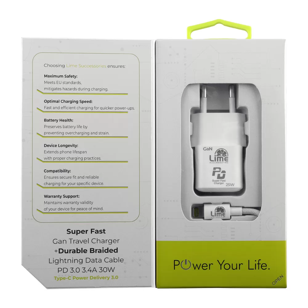 LIME TYPE C MINI GAN PD 3.0 SUPER FAST TRAVEL LGC25W 5V 4.0A/ 9V 2.77A 25W+ BRAIDED ΦΟΡΤΙΣΗΣ-DATA LBCL01 TYPE C TO LIGHTNING 30 - Image 4