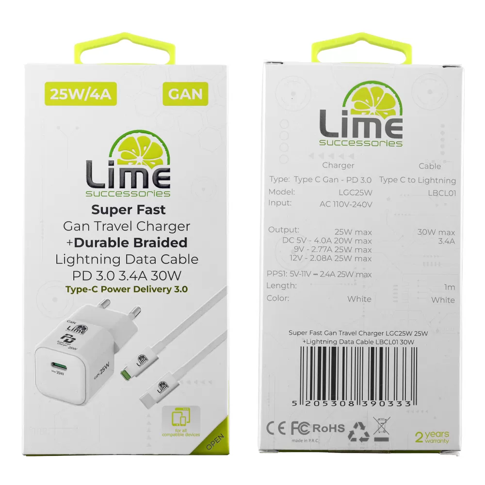 LIME TYPE C MINI GAN PD 3.0 SUPER FAST TRAVEL LGC25W 5V 4.0A/ 9V 2.77A 25W+ BRAIDED ΦΟΡΤΙΣΗΣ-DATA LBCL01 TYPE C TO LIGHTNING 30 - Image 2