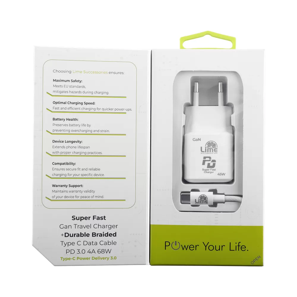 LIME TYPE C GAN PD 3.0 SUPER FAST TRAVEL QC 3.0 LGC45W 5V 4.0A /9V 4A 45W + ΦΟΡΤΙΣΗΣ-DATA LBCC01 TYPE C TO TYPE C 68W WHITE - Image 4