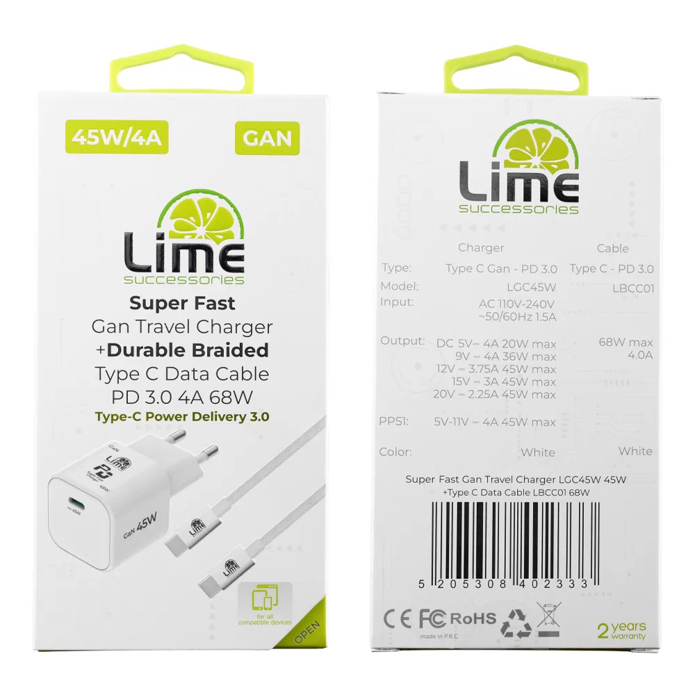 LIME TYPE C GAN PD 3.0 SUPER FAST TRAVEL QC 3.0 LGC45W 5V 4.0A /9V 4A 45W + ΦΟΡΤΙΣΗΣ-DATA LBCC01 TYPE C TO TYPE C 68W WHITE - Image 2