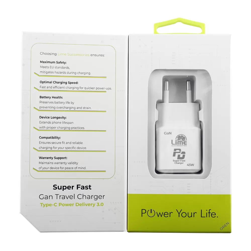 LIME TYPE C GAN PD 3.0 SUPER FAST TRAVEL QC 3.0 LGC45W 5V 4.0A /9V 4A/ 12V 3.75A/ 15V 3A/ 20V 2.25A 45W WHITE - Image 4
