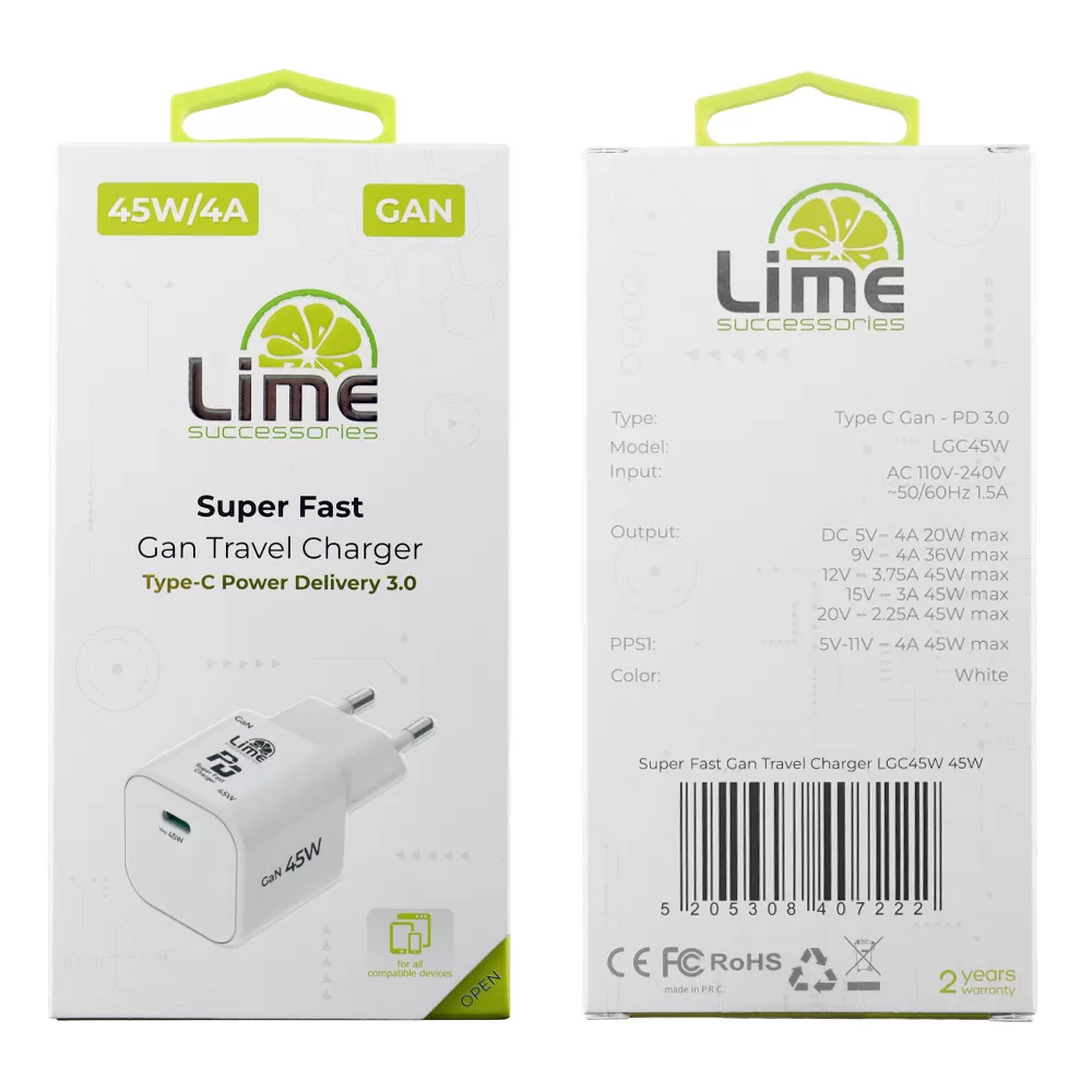 LIME TYPE C GAN PD 3.0 SUPER FAST TRAVEL QC 3.0 LGC45W 5V 4.0A /9V 4A/ 12V 3.75A/ 15V 3A/ 20V 2.25A 45W WHITE - Image 2