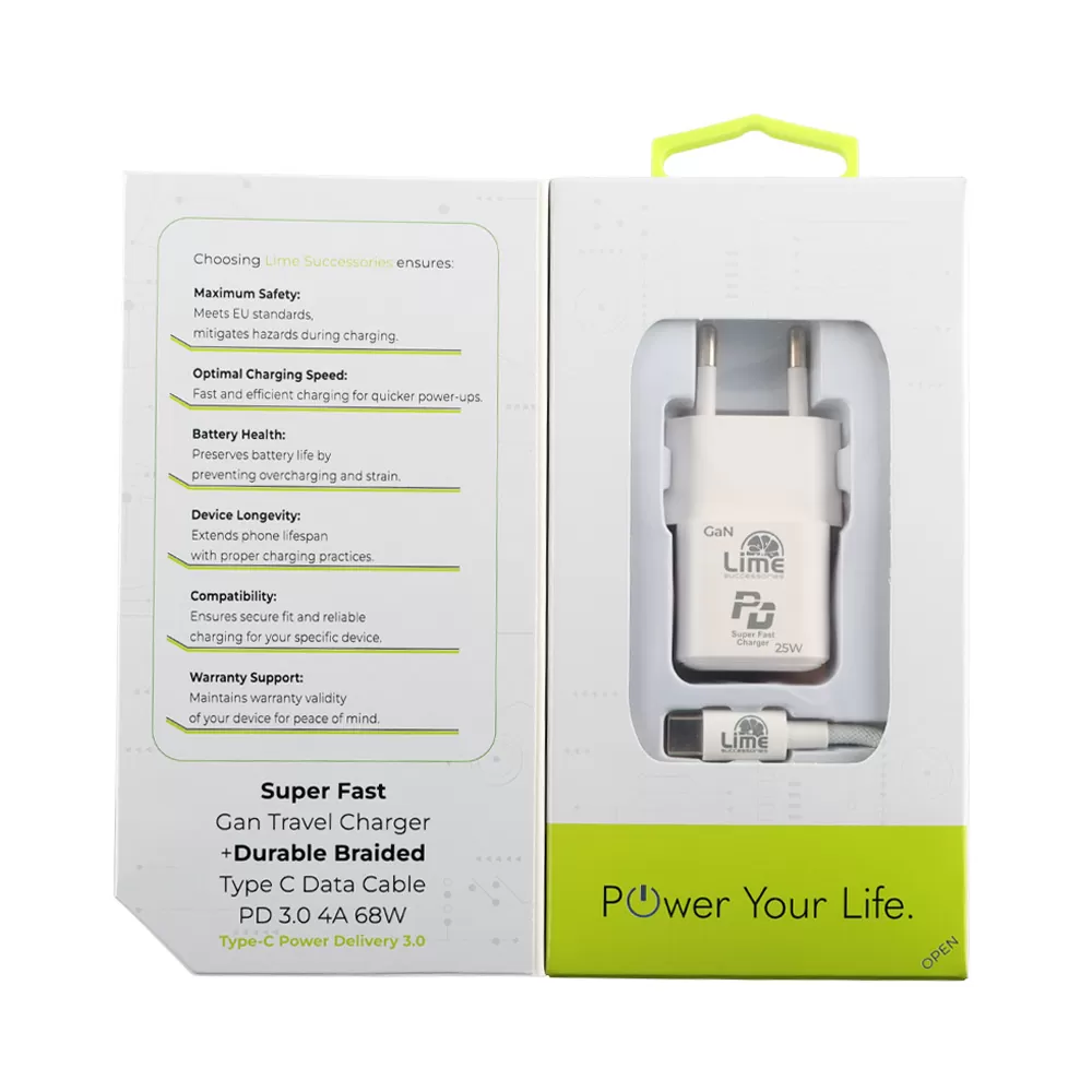 LIME TYPE C MINI GAN PD 3.0 SUPER FAST TRAVEL LGC25W 5V 4.0A/ 9V 2.77A 25W+ BRAIDED ΦΟΡΤΙΣΗΣ-DATA LBCC01 TYPE C TO TYPE C 68W - Image 4