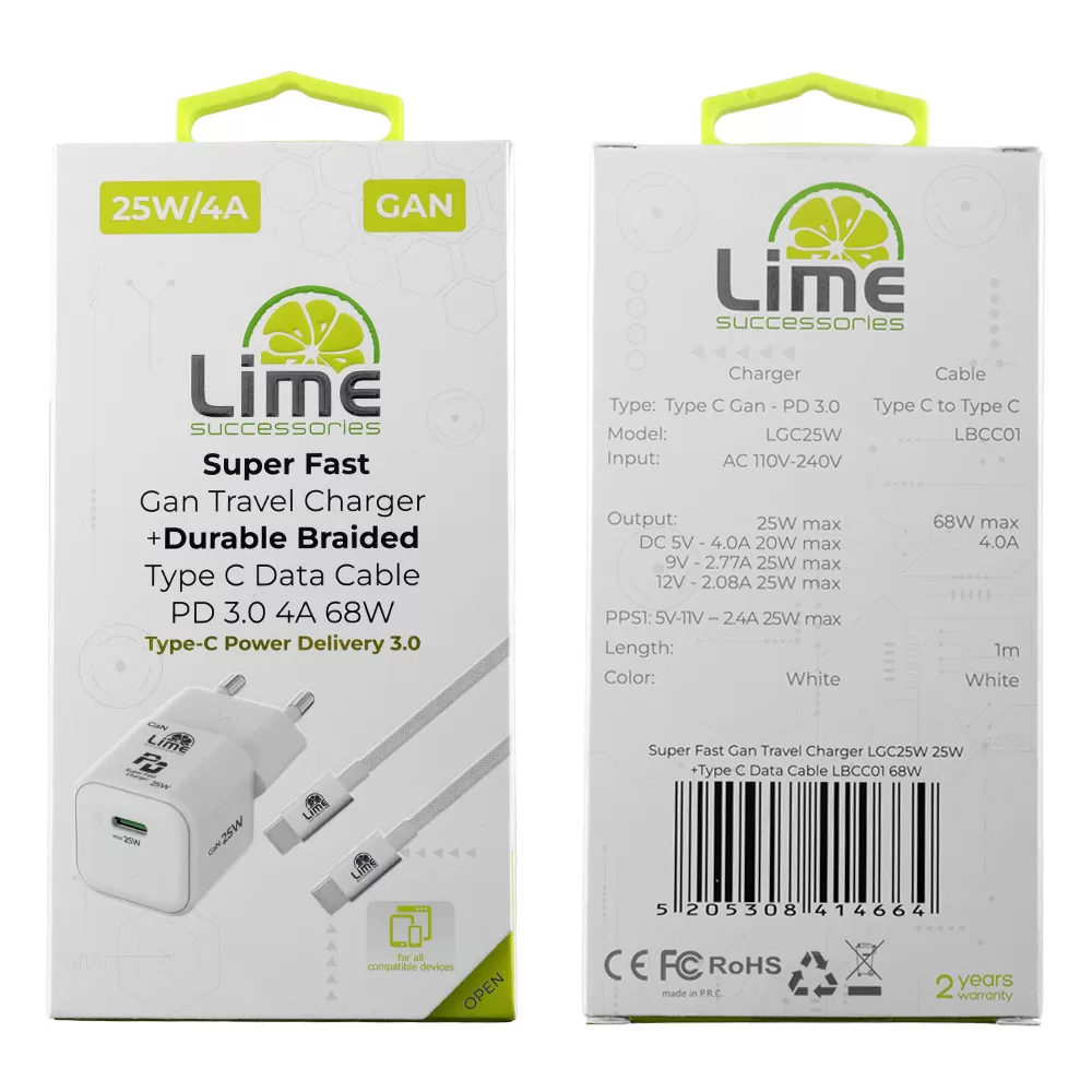 LIME TYPE C MINI GAN PD 3.0 SUPER FAST TRAVEL LGC25W 5V 4.0A/ 9V 2.77A 25W+ BRAIDED ΦΟΡΤΙΣΗΣ-DATA LBCC01 TYPE C TO TYPE C 68W - Image 2