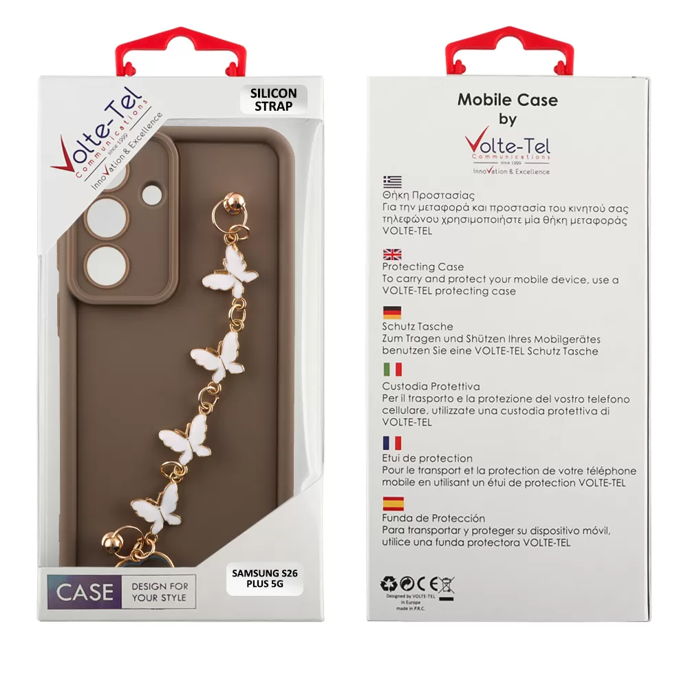 VOLTE-TEL SILICON TPU WITH STRAP ΘΗΚΗ SAMSUNG S26 PLUS 5G S931 6.7in  FULL CAMERA PROTECTION BROWN WITH WHITE BUTTERFLIES - Image 2