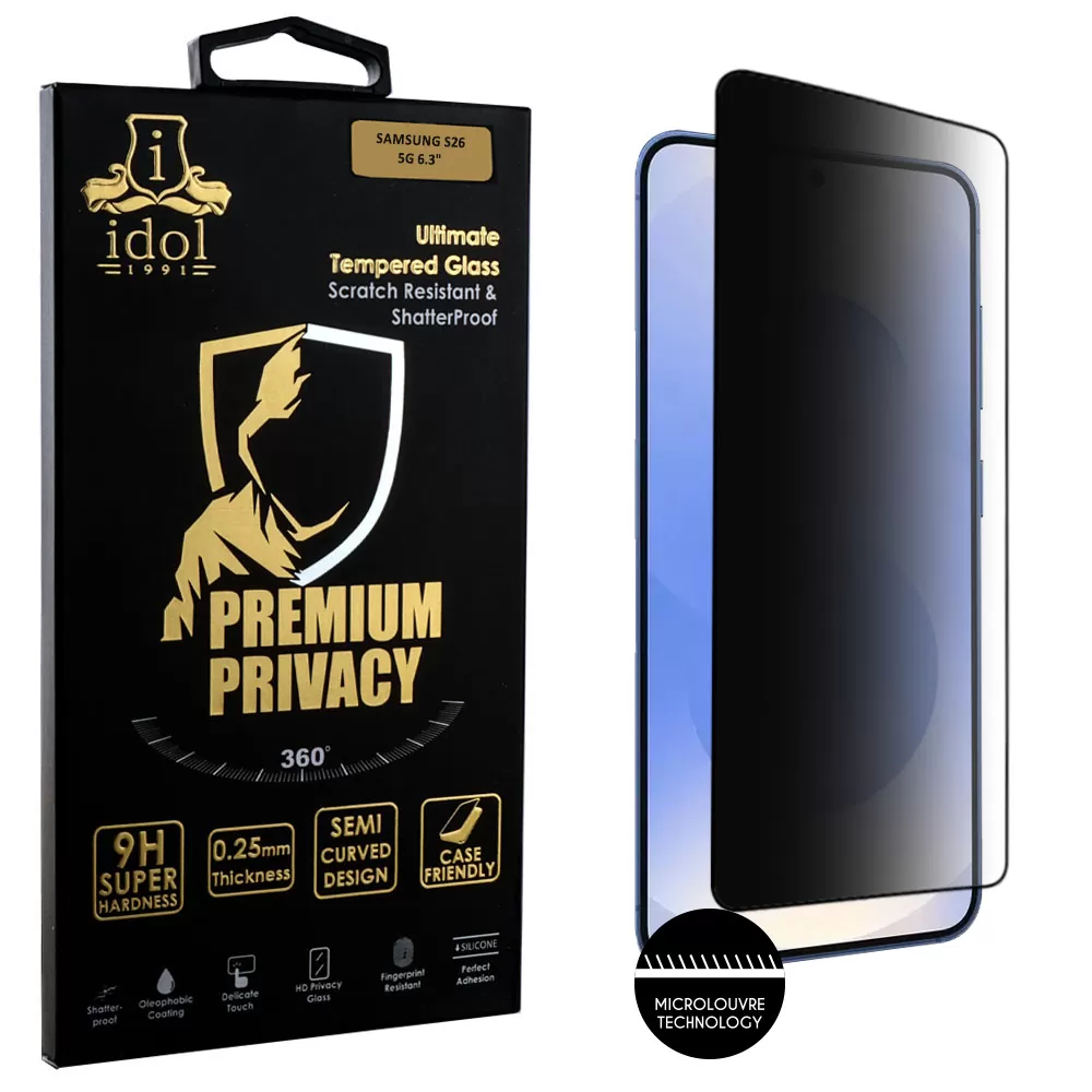 IDOL 1991 PREMIUM PRIVACY ANTISPY TEMPERED GLASS SAMSUNG S26 5G 6.3in 9H 0.25mm SEMI CURVED FINGER UNLOCK FULL GLUE BLACK