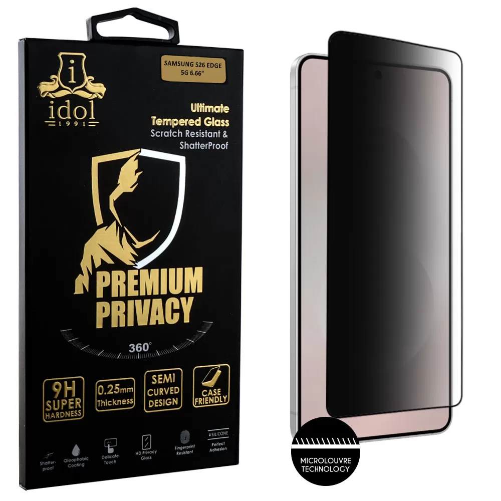 IDOL 1991 PREMIUM PRIVACY ANTISPY TEMPERED GLASS SAMSUNG S26 EDGE 5G 6.66in 9H 0.25mm SEMI CURVED FINGER UNLOCK FULL GLUE BLACK