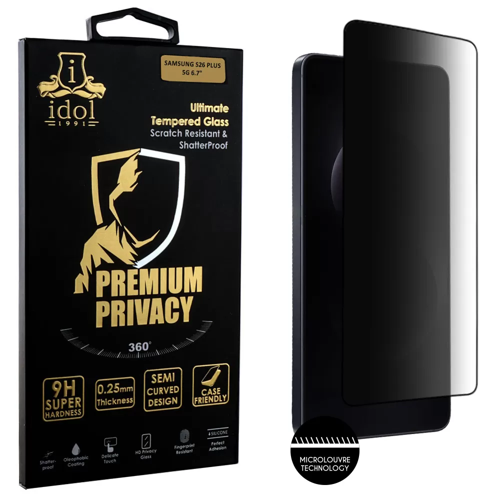 IDOL 1991 PREMIUM PRIVACY ANTISPY TEMPERED GLASS SAMSUNG S26 PLUS 5G 6.7in 9H 0.25mm SEMI CURVED FINGER UNLOCK FULL GLUE BLACK