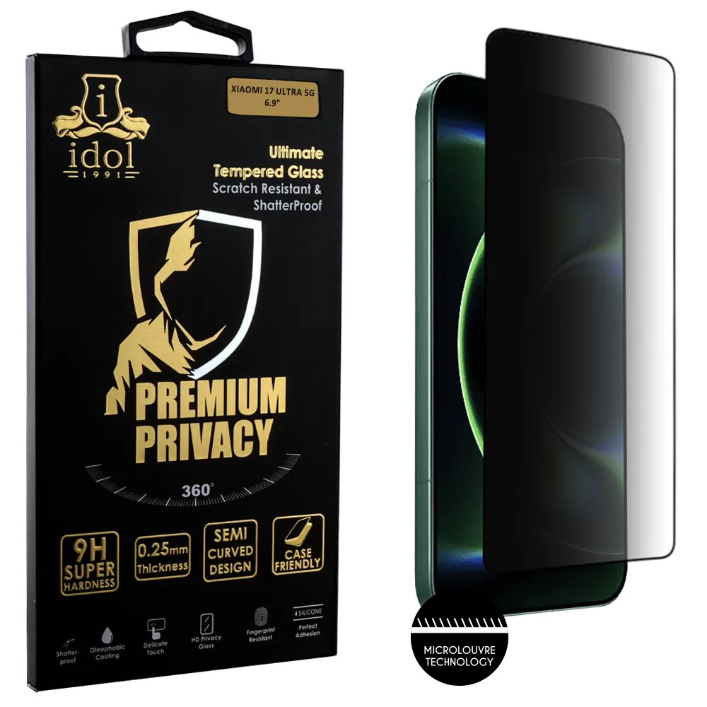 IDOL 1991 PREMIUM PRIVACY ANTISPY TEMPERED GLASS XIAOMI 17 ULTRA 5G 6.9in 9H 0.25mm SEMI CURVED FINGER UNLOCK FULL GLUE BLACK
