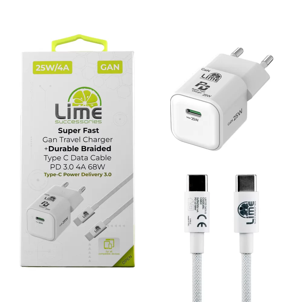 LIME TYPE C MINI GAN PD 3.0 SUPER FAST TRAVEL LGC25W 5V 4.0A/ 9V 2.77A 25W+ BRAIDED ΦΟΡΤΙΣΗΣ-DATA LBCC01 TYPE C TO TYPE C 68W