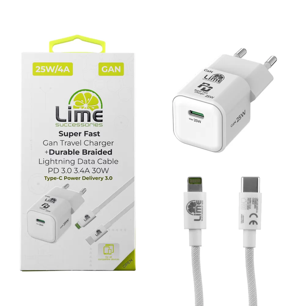LIME TYPE C MINI GAN PD 3.0 SUPER FAST TRAVEL LGC25W 5V 4.0A/ 9V 2.77A 25W+ BRAIDED ΦΟΡΤΙΣΗΣ-DATA LBCL01 TYPE C TO LIGHTNING 30
