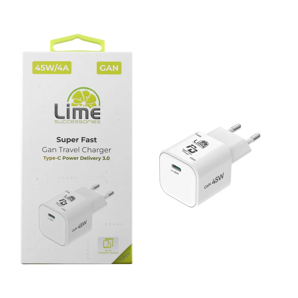 LIME TYPE C GAN PD 3.0 SUPER FAST TRAVEL QC 3.0 LGC45W 5V 4.0A /9V 4A/ 12V 3.75A/ 15V 3A/ 20V 2.25A 45W WHITE