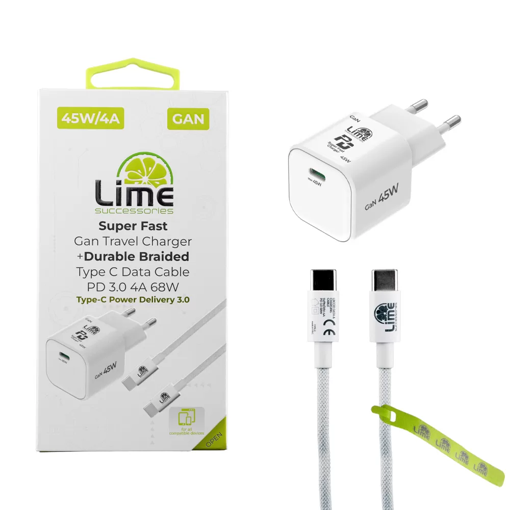 LIME TYPE C GAN PD 3.0 SUPER FAST TRAVEL QC 3.0 LGC45W 5V 4.0A /9V 4A 45W + ΦΟΡΤΙΣΗΣ-DATA LBCC01 TYPE C TO TYPE C 68W WHITE