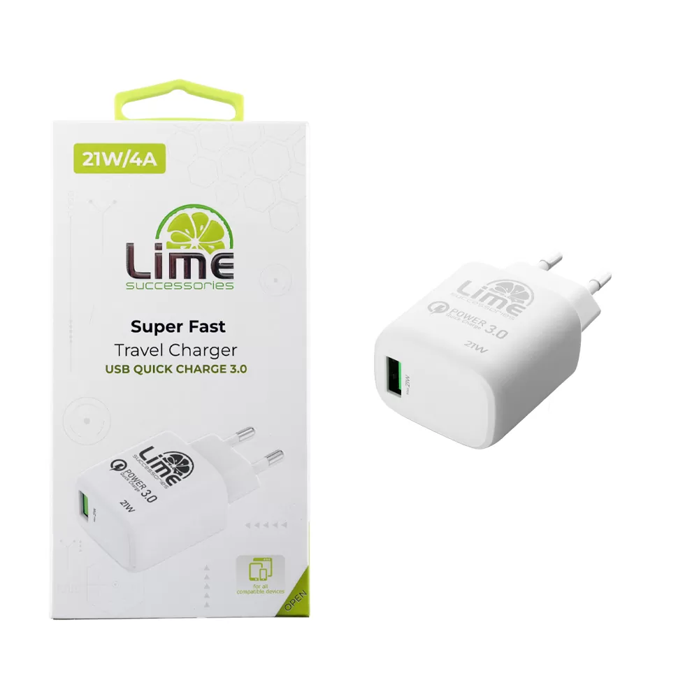 LIME USB-A 3.0 PD SUPER FAST TRAVEL QC 3.0 LTU22 4.0A 21W WHITE