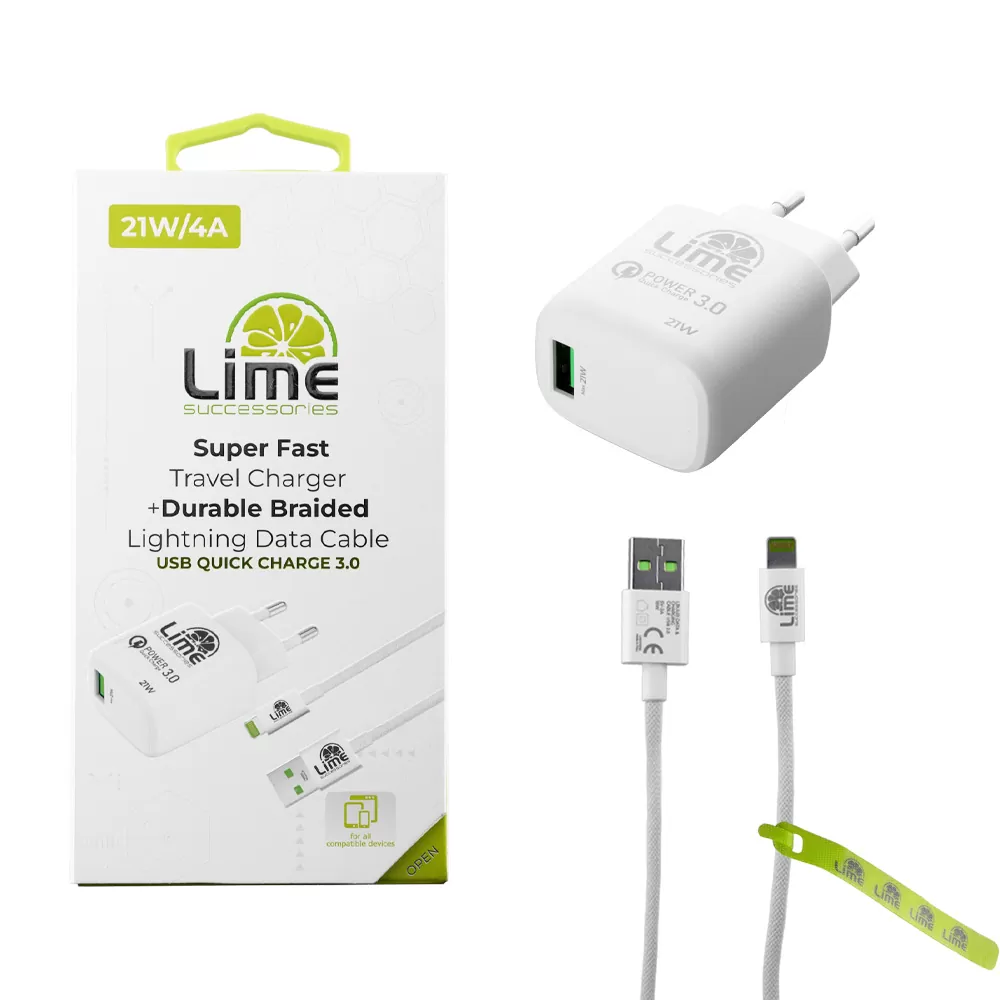 LIME USB-A 3.0 PD SUPER FAST TRAVEL QC 3.0 LTU22 4.0A 21W + BRAIDED ΚΑΛΩΔΙΟ ΦΟΡΤΙΣΗΣ-DATA 1m LBUL01 LIGHTNING WHITE
