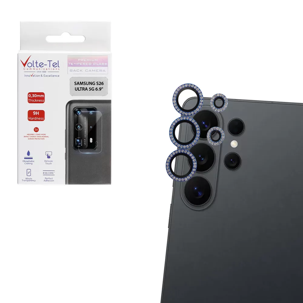 VOLTE-TEL CAMERA GLASS COVER SAMSUNG S26 ULTRA 5G 6.9in 9H 0.33MM EASY APPLICATION WITH STRASS NAVY BLUE
