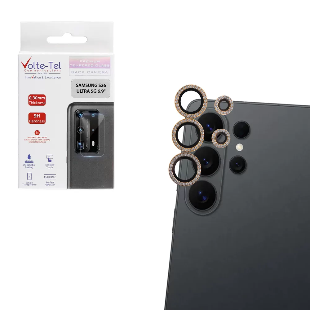 VOLTE-TEL CAMERA GLASS COVER SAMSUNG S26 ULTRA 5G 6.9in 9H 0.33MM EASY APPLICATION WITH STRASS LIGHT GOLD