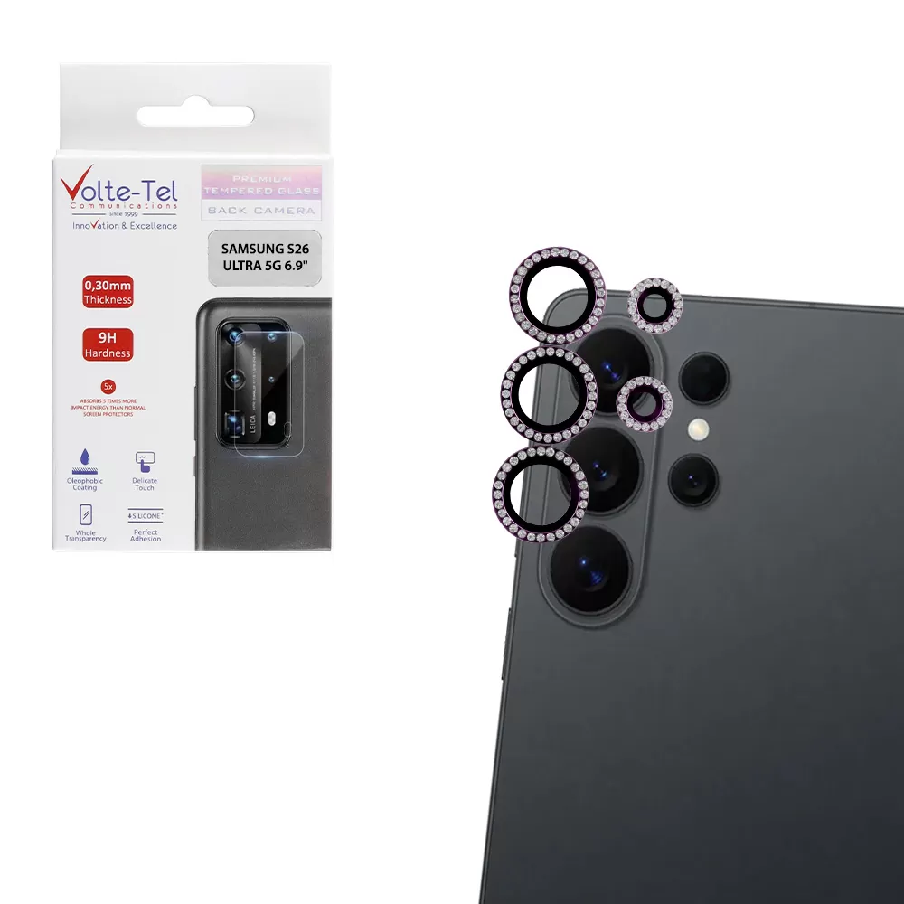 VOLTE-TEL CAMERA GLASS COVER SAMSUNG S26 ULTRA 5G 6.9in 9H 0.33MM EASY APPLICATION WITH STRASS DARK PURPLE