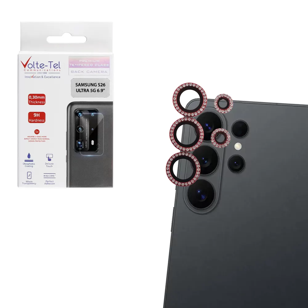 VOLTE-TEL CAMERA GLASS COVER SAMSUNG S26 ULTRA 5G 6.9in 9H 0.33MM EASY APPLICATION WITH STRASS RED
