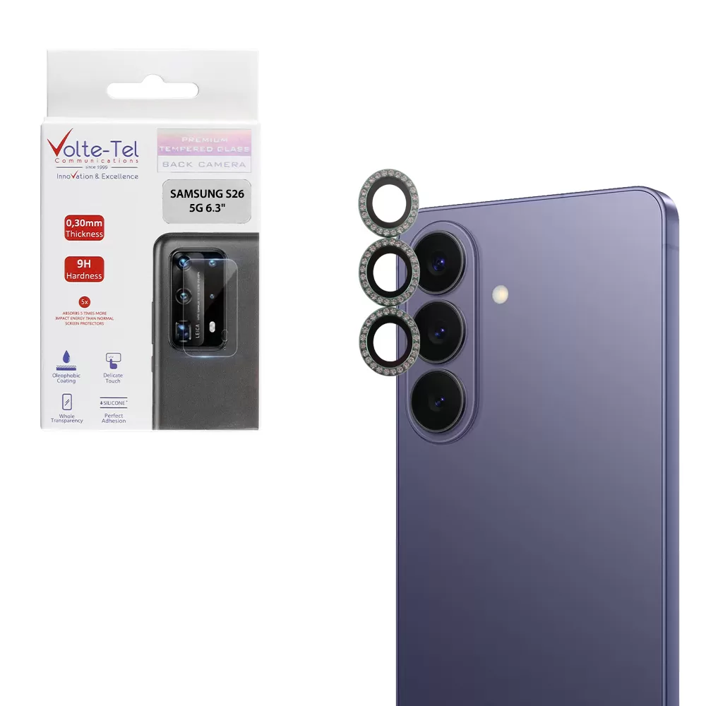 VOLTE-TEL CAMERA GLASS COVER SAMSUNG S26 5G 6.3in 9H 0.33MM EASY APPLICATION WITH STRASS GREEN