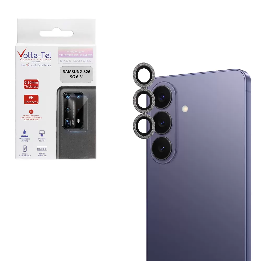 VOLTE-TEL CAMERA GLASS COVER SAMSUNG S26 5G 6.3in 9H 0.33MM EASY APPLICATION WITH STRASS SILVER