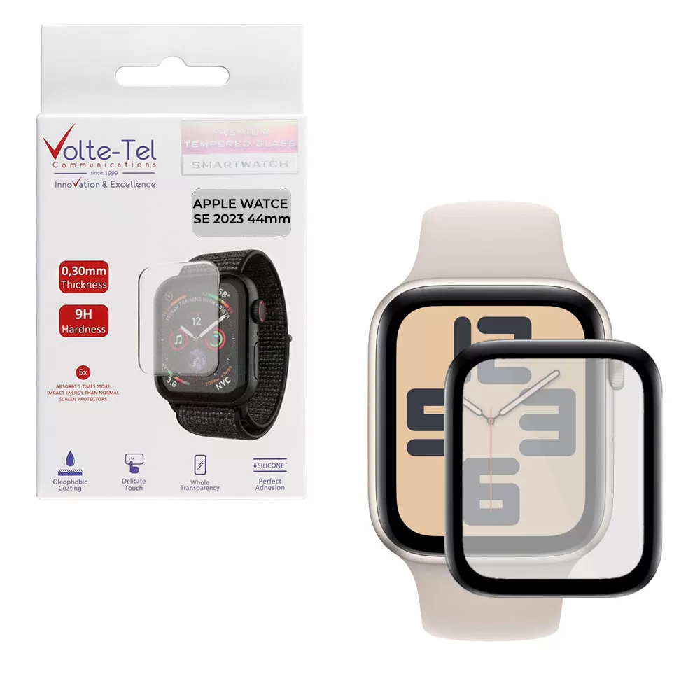 VOLTE-TEL TEMPERED GLASS APPLE WATCH SE 2023 44mm 3D EDGE 1.78in 9H 0.30mm FULL GLUE FULL COVER BLACK