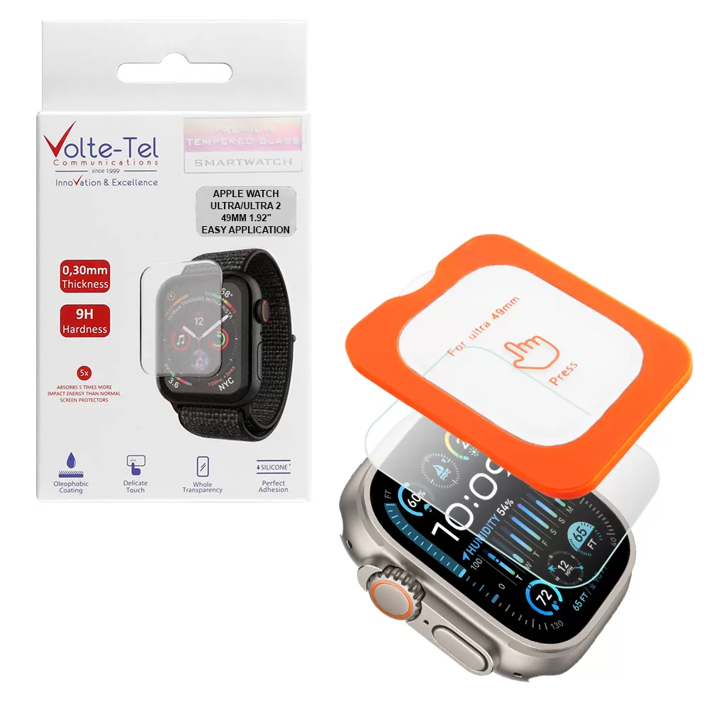 VOLTE-TEL TEMPERED GLASS APPLE WATCH ULTRA/ULTRA 2 49mm 1.92in 9H 0.30mm 2.5D EASY APPLICATION FULL GLUE FULL COVER TRANSPARENT