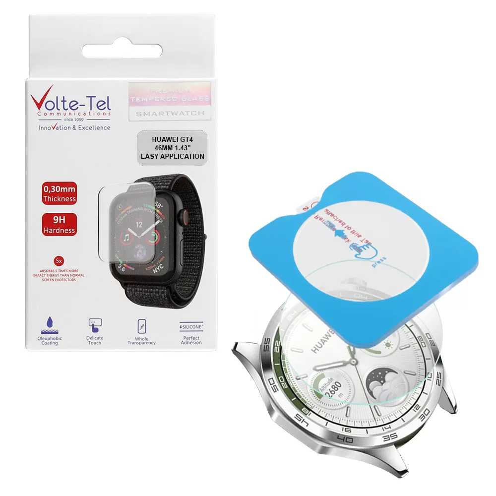 VOLTE-TEL TEMPERED GLASS HUAWEI WATCH GT4 46MM 1.43in 9H 0.30mm 2.5D EASY APPLICATION FULL GLUE FULL COVER TRANSPARENT