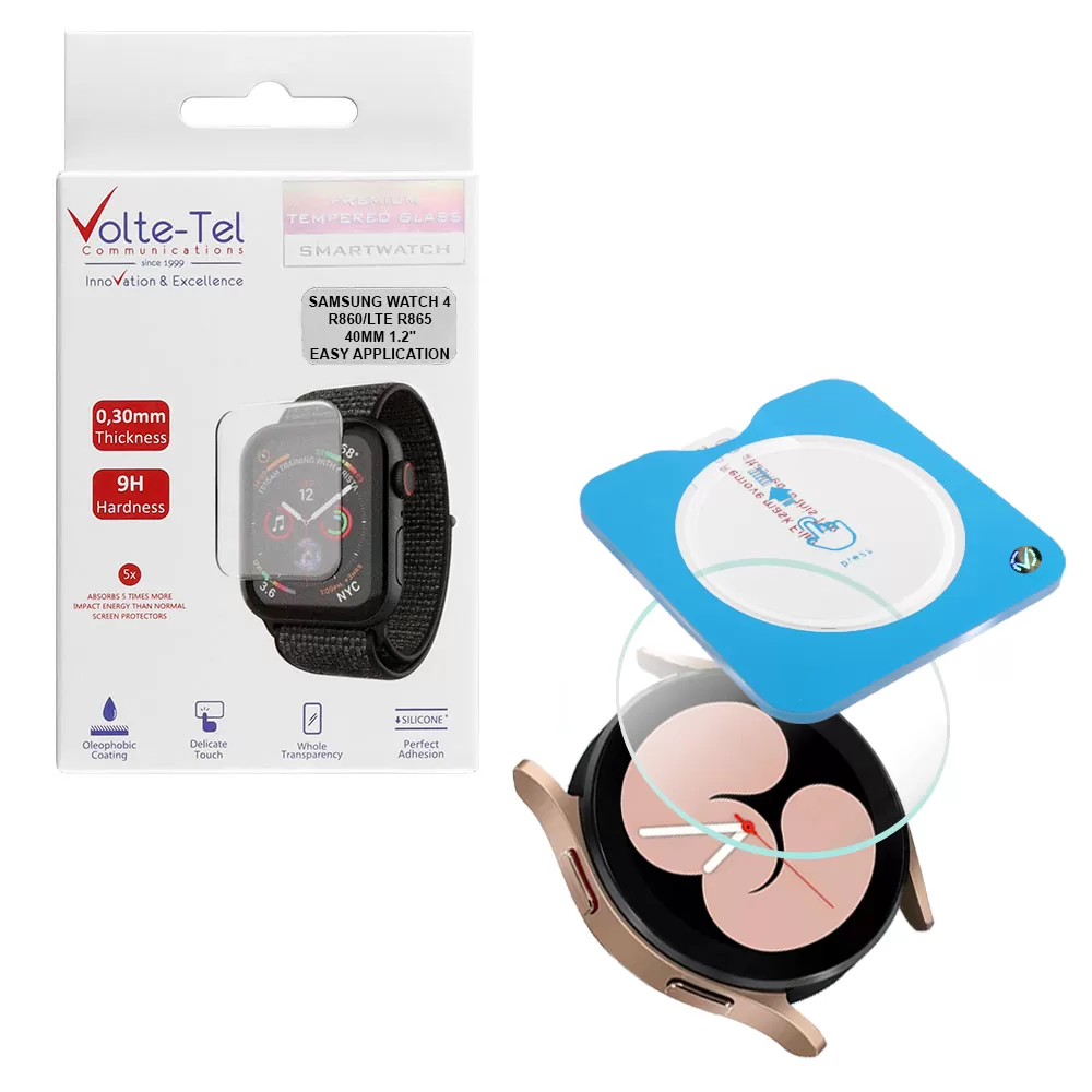 VOLTE-TEL TEMPERED GLASS SAMSUNG WATCH 4 40mm 1.2in 9H 0.30mm 2.5D EASY APPLICATION FULL GLUE FULL COVER TRANSPARENT