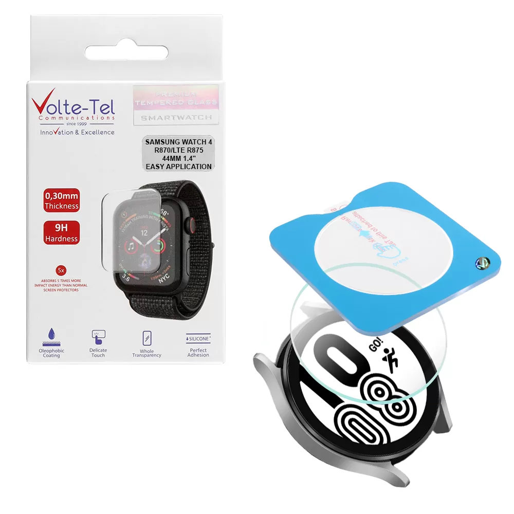 VOLTE-TEL TEMPERED GLASS SAMSUNG WATCH 4 44MM 1.4in 9H 0.30mm 2.5D EASY APPLICATION FULL GLUE FULL COVER TRANSPARENT