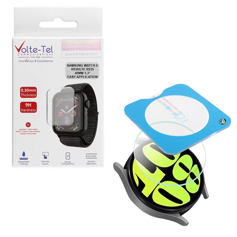 VOLTE-TEL TEMPERED GLASS SAMSUNG WATCH 6 40MM 1.3in 9H 0.30mm 2.5D EASY APPLICATION FULL GLUE FULL COVER TRANSPARENT