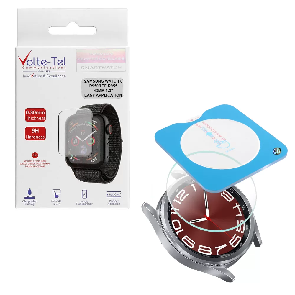 VOLTE-TEL TEMPERED GLASS SAMSUNG WATCH 6 CLASSIC 43MM 1.3in 9H 0.30mm 2.5D EASY APPLICATION FULL GLUE FULL COVER TRANSPARENT