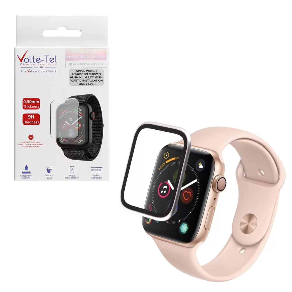VOLTE-TEL ALUMINIUM TEMPERED GLASS APPLE WATCH 4/5/6/SE 40mm 3D CURVED 1.57in 0.30mm FULL COVER & INSTALLATION TOOL SILVER