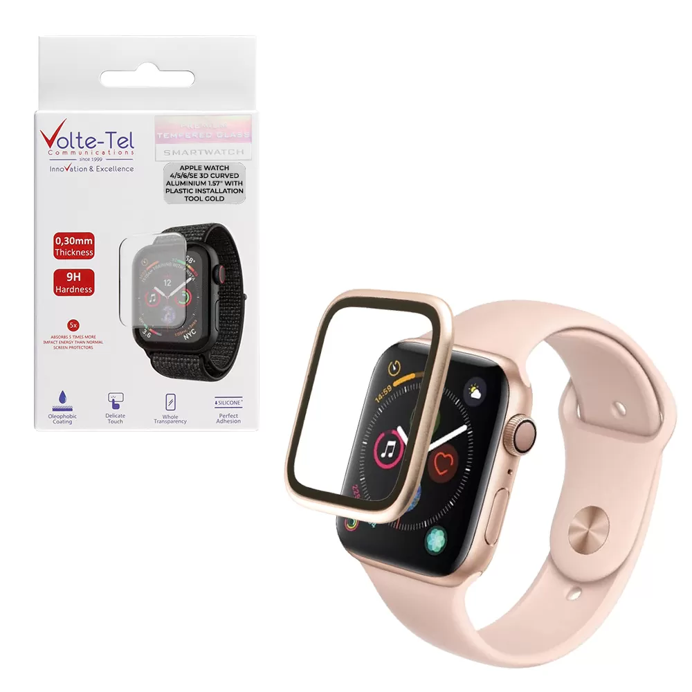 VOLTE-TEL ALUMINIUM TEMPERED GLASS APPLE WATCH 4/5/6/SE 40mm 3D CURVED 1.57in 0.30mm FULL COVER & INSTALLATION TOOL GOLD