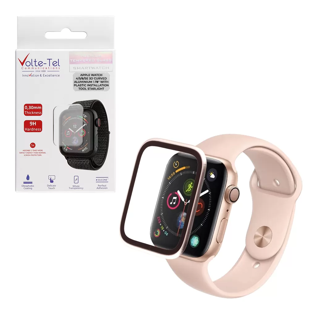 VOLTE-TEL ALUMINIUM TEMPERED GLASS APPLE WATCH 4/5/6/SE 44mm 3D CURVED 1.78in 0.30mm FULL COVER & INSTALLATION TOOL STARLIGHT