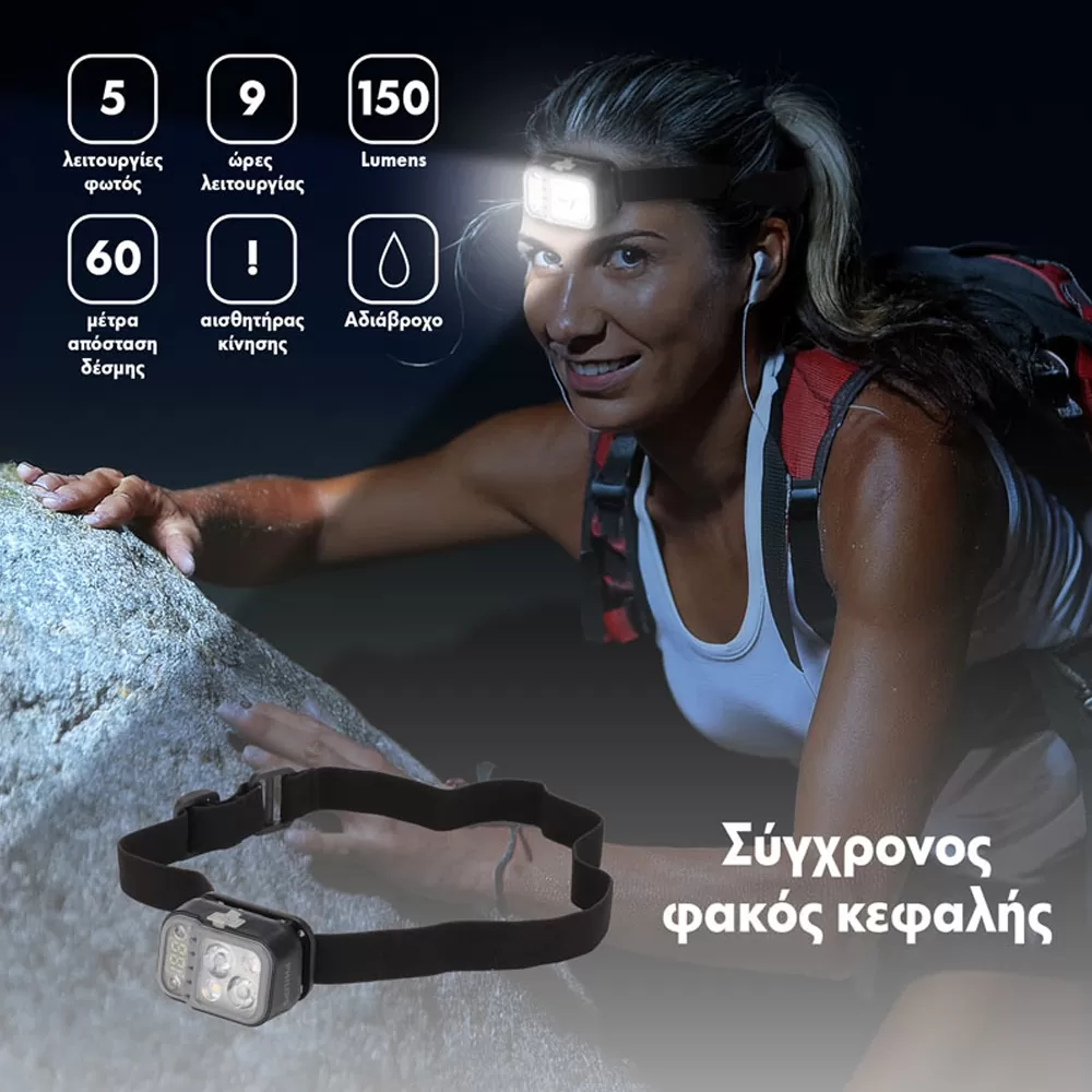 PHILIPS ΦΑΚΟΣ ΚΕΦΑΛΗΣ ΕΠΑΝΑΦΟΡΤΙΖΟΜΕΝΟΣ ΑΔΙΑΒΡΟΧΟΣ IPX4 5 ΛΕΙΤΟΥΡΓΙΕΣ ΡΥΘΜΙΣΗΣ ΦΩΤΟΣ SFL2001RH/GRS ΜΕ 150 LUMENS ΜΑΥΡΟΣ - Image 5