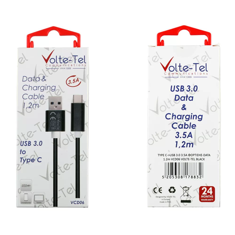 VOLTE-TEL TYPE C->USB 3.0 ALUMINIUM 3.5A ΦΟΡΤΙΣΗΣ-DATA 1.2m VCD06 BLACK - Image 4